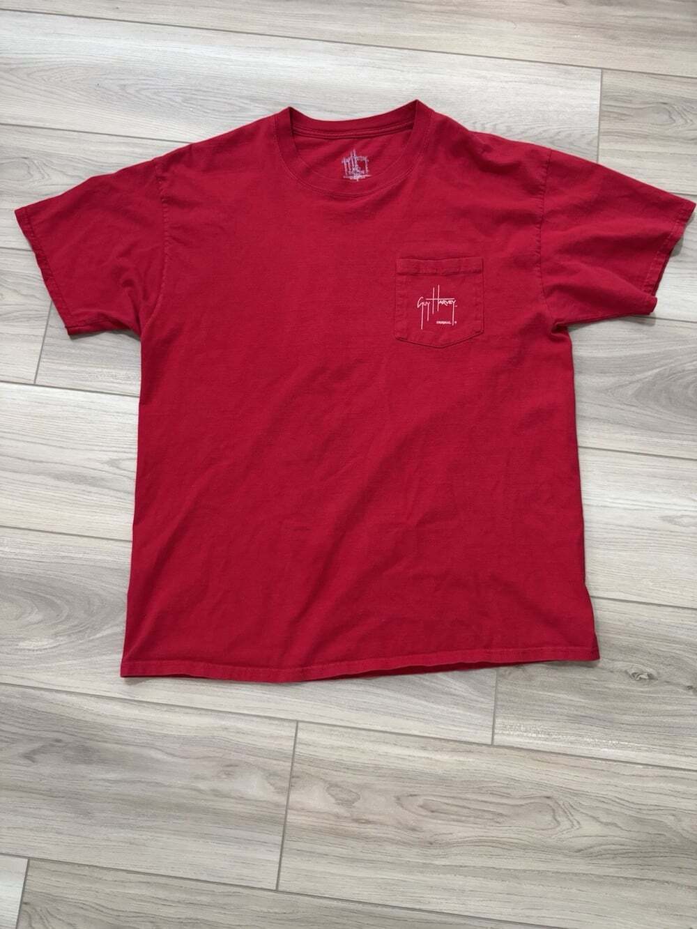 Guy Harvey Original Pocket T-Shirt — Sailfish & Mackerel Graphic, Men's L, Red
